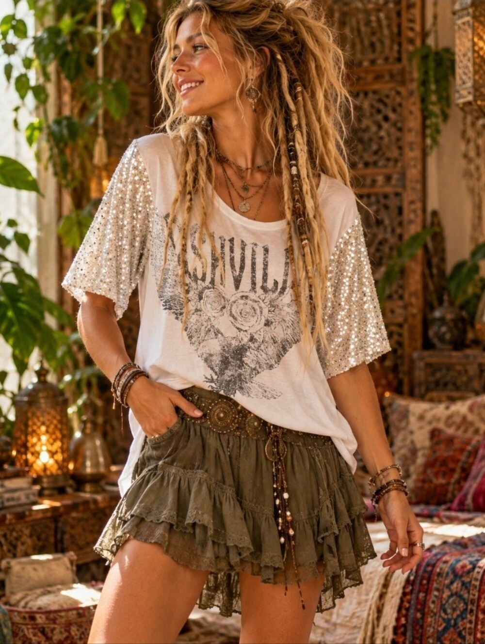 4/$15 Ruby Small Sequin Sleeve Graphic Tee Boho Festival Y2K Maximalist Neo